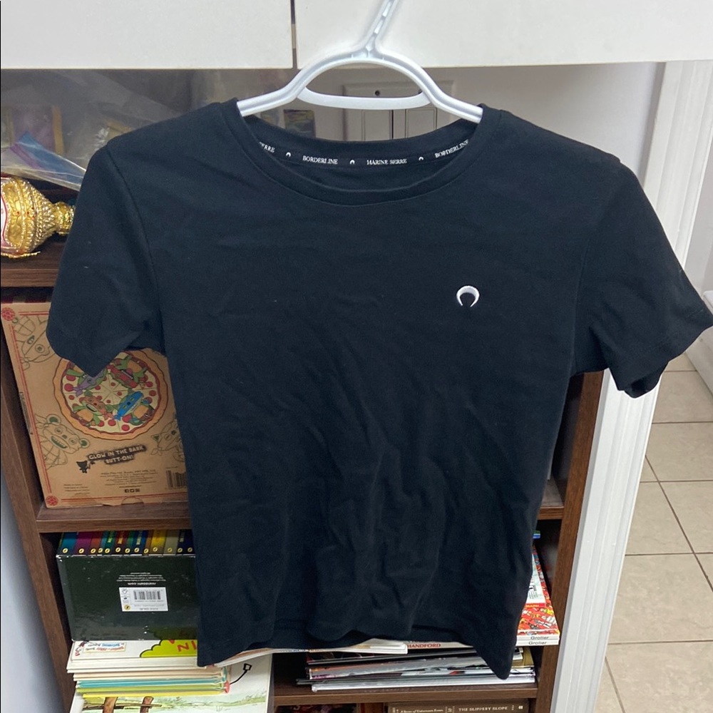 Marine Serre Black Short Sleeve Tee with Embroidered White Moon Logo